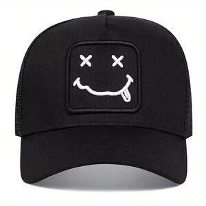 Black Trucker Hat with Smiley Face Patch